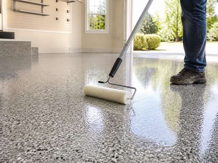 Clear topcoat being rolled over a decorative flake floor