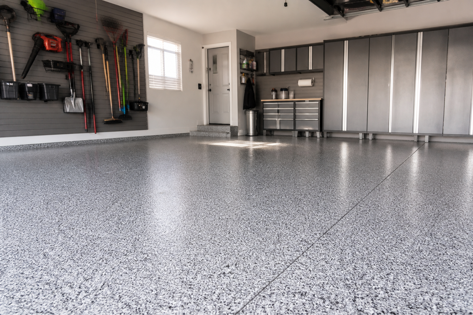 Decorative full-flake garage floor with a practical textured finish