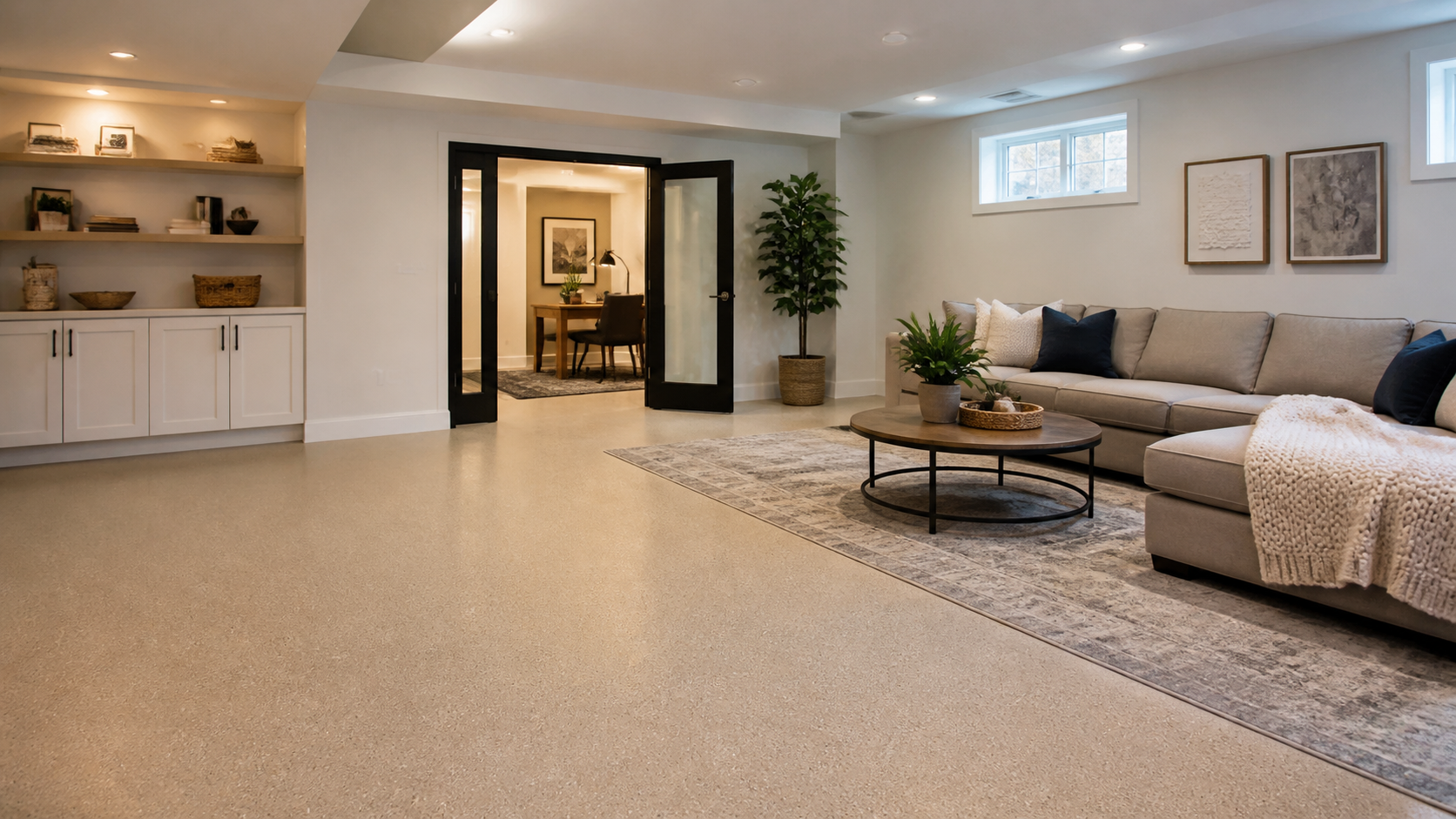 Clean coated interior floor suitable for a home gym or finished basement