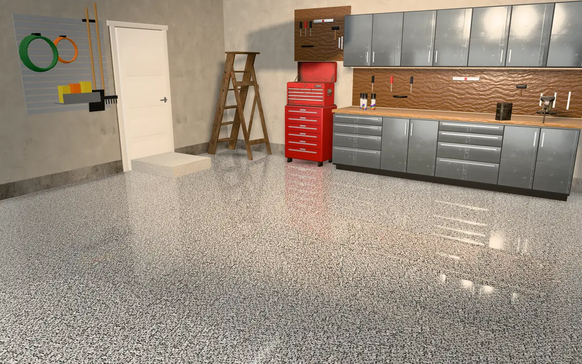 A garage floor in the Floor Studio finished in Domino FB-411