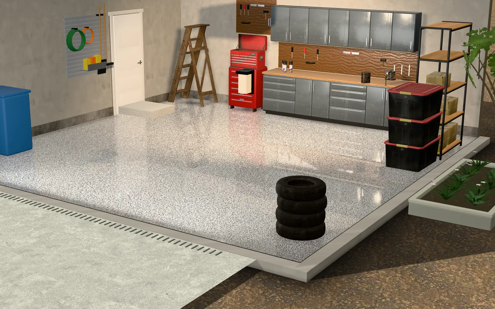 The Floor Studio showing a two-car garage with a glossy full-flake epoxy floor reflecting the cabinets