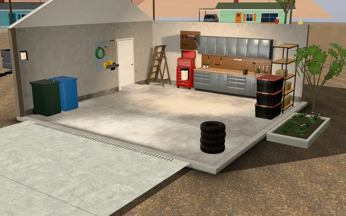 A garage in the Floor Studio, from bare concrete to a finished full-flake floor as the crew installs it