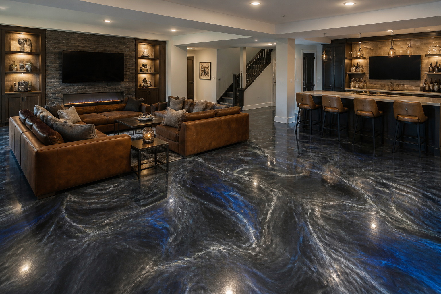 A finished basement lounge with a dark custom floor