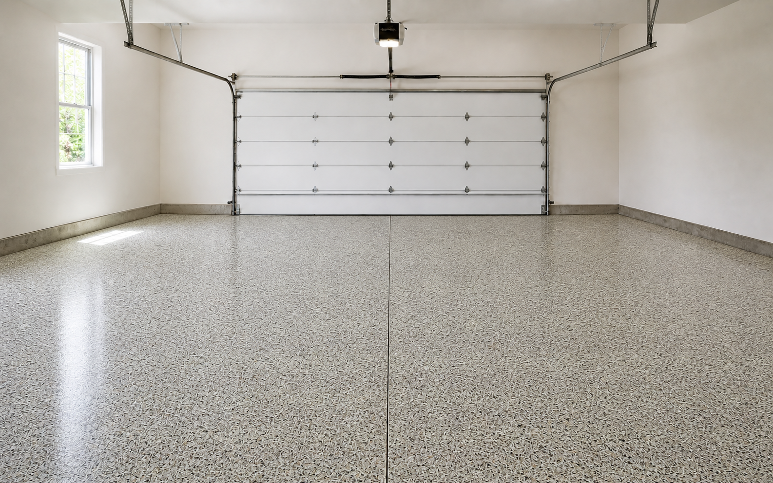 A clean full-flake floor in a bright empty garage