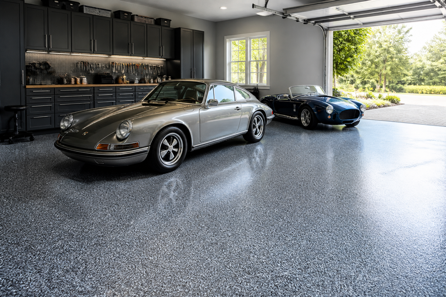 A finished full-flake garage floor with vehicles and organized workshop storage